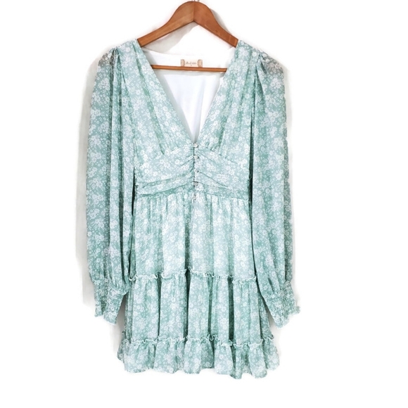 Altar'd State Lisa ditsy floral mini dress light green Size S EUC long Sleeves - Picture 2 of 8